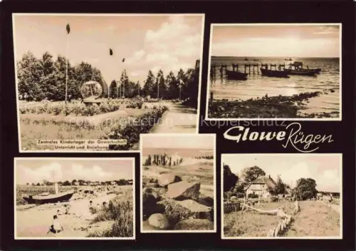 AK / Ansichtskarte Glowe RueGEN Kinderlager Gewerkschaft Hafen Fischerboote Strand Steg Buhnen Reetdach Ostsee