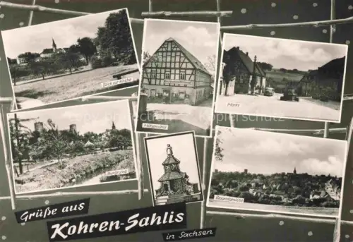 AK / Ansichtskarte Kohren-Sahlis Leipzig Sachsen Kirche Mittelmuehle Markt Burgruine Gesamtansicht Fachwerkhaus Mehrbildkarte