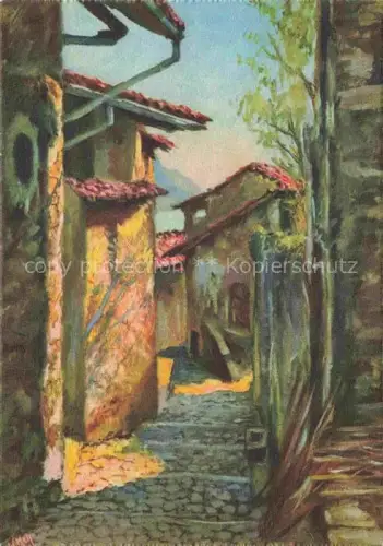 AK / Ansichtskarte Gandria Lago di Lugano TI Gasse Kopfsteinpflaster Hausfassaden Baeume Dorf Lago-di-Lugano Gemaelde Kuenstlerkarte