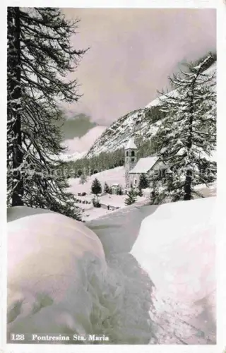 AK / Ansichtskarte Pontresina Maloja GR Sta-Maria Kirche Schnee Winterlandschaft Laerchen Berge