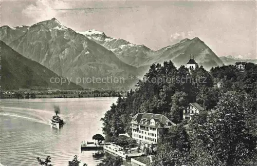 AK / Ansichtskarte Ringgenberg Brienzersee Interlaken BE Brienzersee See Dampfschiff Hotel Kirche Berge Wald Anlegesteg