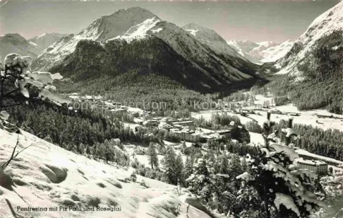 AK / Ansichtskarte Pontresina Maloja GR Piz-Palue Rosegtai Schnee Berge Wald Tal Ortschaft Winter