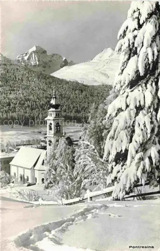 AK / Ansichtskarte Pontresina Maloja GR Kirche Kirchturm Schnee Berge Wald Winter