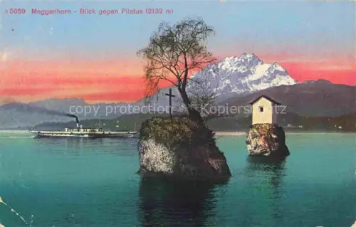 AK / Ansichtskarte Meggenhorn Luzern LU Pilatus See Dampfschiff Felsinseln Kreuz Baum Sonnenuntergang Abendrot