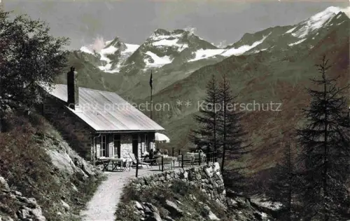 AK / Ansichtskarte Saas-Fee VISP VS Café-Gletschergrotte Fletschhorn Laquinhorn Weissmies Berghuette Terrasse Gletscher Berge