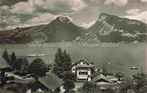 AK / Ansichtskarte Faulensee Bad Thunersee Niedersimmental BE Hotel-Pension-Seerose Faulensee Thunersee Niesen Dampfschiff See Haeuser Berge