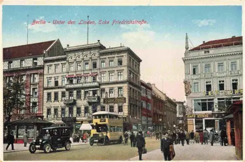 AK / Ansichtskarte BERLIN  CITY Unter-den-Linden Friedrichstrasse Pension-Daheim Café-Koenig Doppeldeckerbus Automobil Strassenszene Passanten