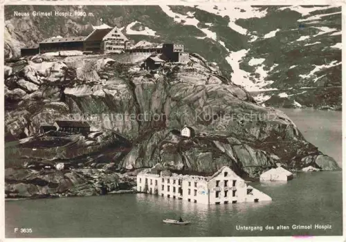 AK / Ansichtskarte Grimsel Hospiz Grimsel-Hospiz Grimsel-Pass Grimselsee Staudamm Ruine Hotel Gebirge Schnee See Boot