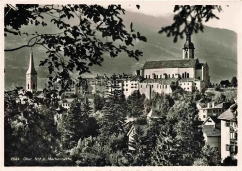 AK / Ansichtskarte CHUR Coire GR Hof Martinskirche Dom Kirchturm Baeume Daecher Altstadt Bergpanorama
