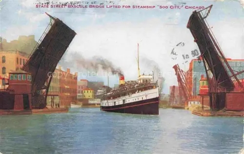 AK / Ansichtskarte CHICAGO  Illinois USA State-Street-Bascule-Bridge Steamship-Soo-City Zugbruecke Dampfschiff Fluss Kanal Stadtansicht