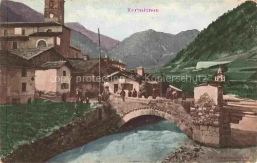 AK / Ansichtskarte Termignon Saint-Jean-de-Maurienne 73 Savoie Bruecke Bach Kirche Berge Dorf Passanten Alpen