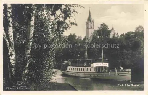 AK / Ansichtskarte Sunne Varmlands Lan Sweden Goesta-Berling Dampfschiff See Kirche Baeume Birken Ufer