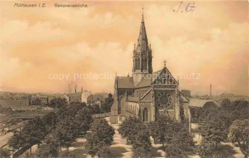 AK / Ansichtskarte Muelhausen Elsass Genovevakirche Kirchturm Gotik Park Baeume Industriegebaeude
