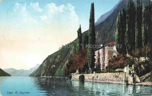 AK / Ansichtskarte Oria  Lago di Lugano TI Lago-di-Lugano Villa-Marchese-Brusati Zypressen Seeufer Berge Handkoloriert