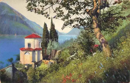 AK / Ansichtskarte Caravina Lugano Lago di Lugano TI Madonna-della-Caravina Kapelle Rotunde Zypressen Lago-di-Lugano Berge Blumenwiese Photochromie