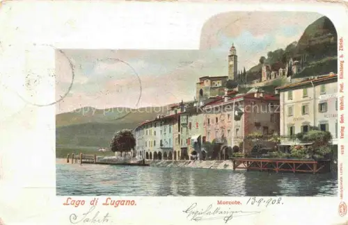 AK / Ansichtskarte Morcote Lago di Lugano TI Lago-di-Lugano Seeufer Hotel-Pension Restaurant Kirche Berge Handkoloriert