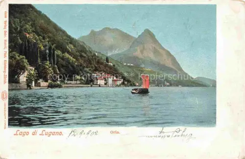 AK / Ansichtskarte Oria  Lago di Lugano TI Lago-di-Lugano Segelboot Ortschaft Berge Zypressen Handkoloriert