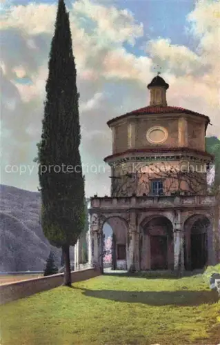 AK / Ansichtskarte Morcote Lago di Lugano TI Kapelle Rotunde Zypresse Arkadengang Rasen Berge Handkoloriert
