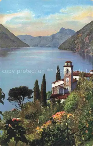 AK / Ansichtskarte Oria  Lago di Lugano TI Lago-di-Lugano Monte-San-Salvatore Kirchturm Zypressen Berge Handkoloriert