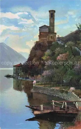 AK / Ansichtskarte Albogasio Lago di Lugano IT Lago-di-Lugano Kirchturm Felsen Seeufer Boot Berge Handkoloriert