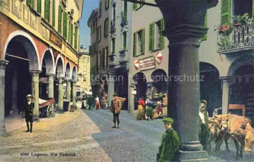 AK / Ansichtskarte LUGANO Lago di Lugano TI Via-Pessina Arkaden Strassenszene Geschaefte Passanten Esel Handkoloriert