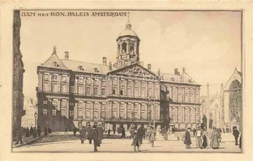 AK / Ansichtskarte Amsterdam  NL Dam Koninklijk-Paleis Kuppel Passanten Platz Fassade Kirche Zeichnung