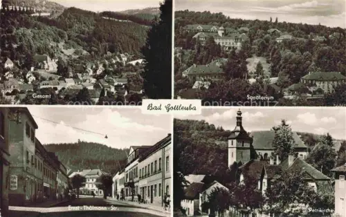 AK / Ansichtskarte Bad Gottleuba-Berggiesshuebel Ernst-Thaelmann-Str Petrikirche Sanatorium Gesamtansicht Talstadt Wald Haeuser