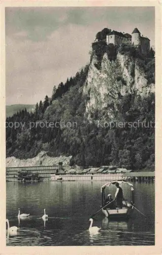 AK / Ansichtskarte Bled Gorenjska Oberkrain Slovenia Blejski-Grad Veldes Burghuegel Bleder-See Ruderboot Schwaene Felsen Wald