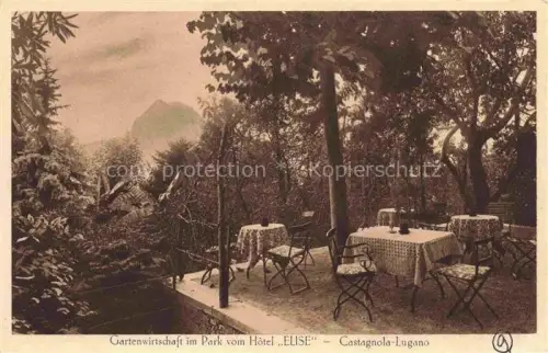 AK / Ansichtskarte Castagnola-Cassarate Hôtel-Elise Gartenwirtschaft Park Baeume Tische Stuehle Berge