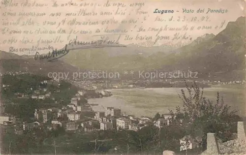 AK / Ansichtskarte LUGANO Lago di Lugano TI Visto-dal-Paradiso Lago-di-Lugano Stadtpanorama Berge Seeufer Haeuser Huegel