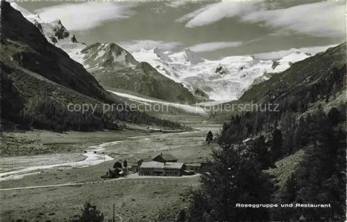 AK / Ansichtskarte Pontresina Maloja GR Roseggruppe Roseg-Gletscher Restaurant Rosegtal Bergpanorama Nadelwald Fluss Gletscher