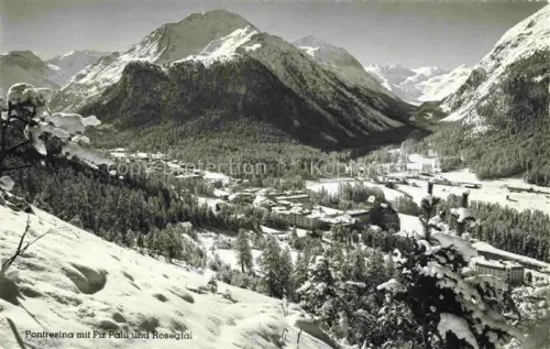 AK / Ansichtskarte Pontresina Maloja GR Piz-Palue Roseglai Roseggletscher Winterpanorama Ortschaft Nadelwald Schnee Berggipfel
