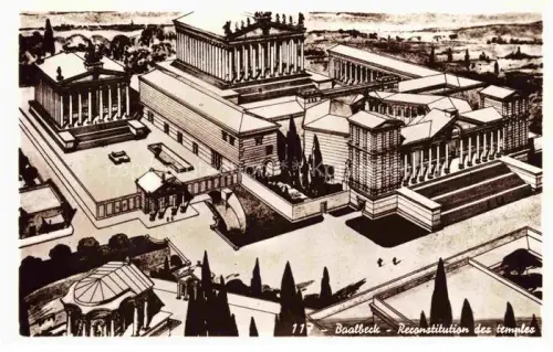 AK / Ansichtskarte Baalbek Baalbeck Lebanon Tempel Rekonstruktion Roemer Saeulen Tempelbezirk Zeichnung Vogelperspektive Zypresse