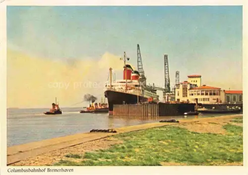 AK / Ansichtskarte BREMERHAVEN Nordsee Columbusbahnhof Ozeanriese Dampfer Schlepper Kran Hafen Weser Kai Passagierschiff