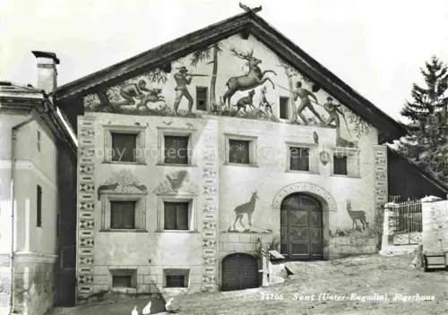 AK / Ansichtskarte Sent Engadin GR Jaegerhaus Sgraffito Fassadenmalerei Jagdszene Hirsch Jaeger Engadinerhaus