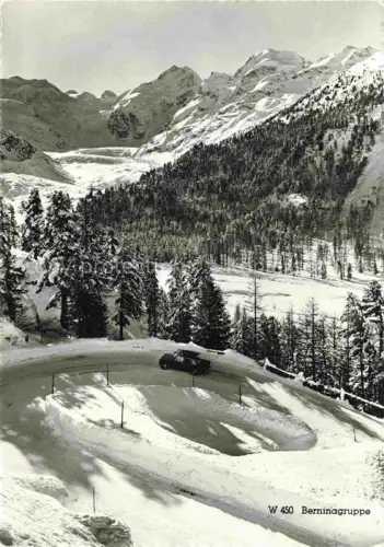 AK / Ansichtskarte Berninagruppe Pontresina GR Berninagruppe Passstrasse Auto Schnee Berge Wald Winter