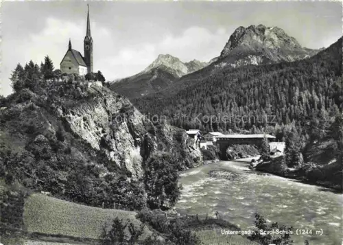 AK / Ansichtskarte Scuol Schuls GR Kirche Felsen Inn Bruecke Berge Wald Unterengadin