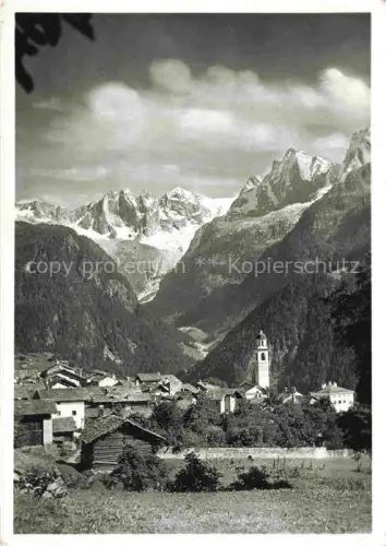 AK / Ansichtskarte Soglio Maloja GR Sciora-gruppe Dorf Kirche Berge Gletscher Baeume