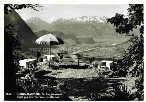 AK / Ansichtskarte Masescha Liechtenstein Pension-Masescha Terrasse Rheintal Berge Sonnenschirm Tische Stuehle Bergpanorama