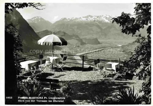 AK / Ansichtskarte Masescha Liechtenstein Pension-Masescha Terrasse Rheintal Berge Sonnenschirm Tische Stuehle Bergpanorama