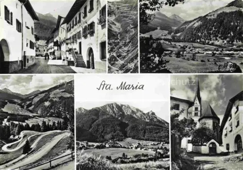 AK / Ansichtskarte Sta Maria Val Muestair Muensterthal GR Muenstertal Dorfgasse Kirche Bergtal Berge Serpentinen Wald Mehrbildkarte