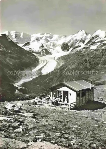 AK / Ansichtskarte Pontresina Maloja GR Paradis-Huette Berninagruppe Gletscher Berglandschaft Almhuette Wanderer Schnee