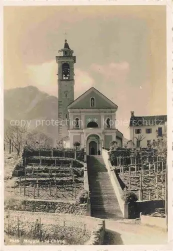 AK / Ansichtskarte Maggia Vallemaggia TI Maggia Chiesa Kirchentreppe Glockenturm Weinreben Bergdorf Maggiatal