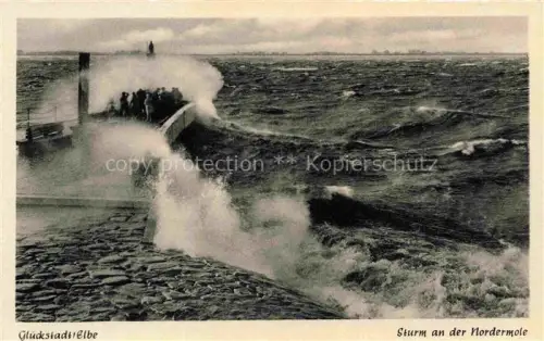 AK / Ansichtskarte Glueckstadt Steinburg Schleswig-Holstein Nordmole Sturm Elbe Wellen Mole Leuchtturm Schiff