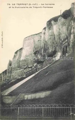 AK / Ansichtskarte LE TREPORT Dieppe 76 Seine-Maritime Calvaire Funiculaire Tréport-Terrasse Kreidefelsen Treppe Zaun Seilbahn Kreuz