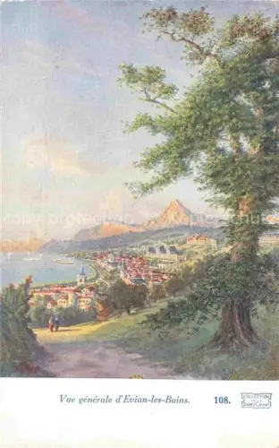AK / Ansichtskarte Evian-les-Bains Thonon-les-Bains 74 Haute-Savoie Vue-générale Genfer-See See Berge Stadt Panorama Boote Kirche Baeume Wanderer
