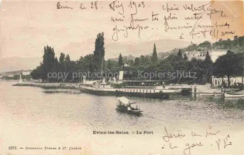 AK / Ansichtskarte Evian-les-Bains Thonon-les-Bains 74 Haute-Savoie Port Dampfschiff Ruderboot Baeume Ufer Genfer-See Promenade