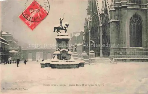 AK / Ansichtskarte NANCY 54 Meurthe-et-Moselle Statue-René-II Eglise-Saint-Epvre Schnee Reiterstatue Kirchenfassade Place Passanten Winter