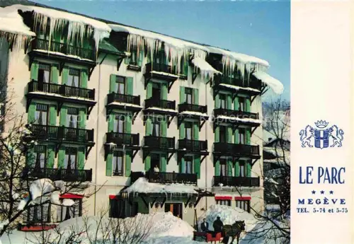 AK / Ansichtskarte Megeve Bonneville 74 Haute-Savoie Hotel-du-Parc Hotelgebaeude Winter Schnee Eiszapfen Pferdeschlitten Balkon Skiort