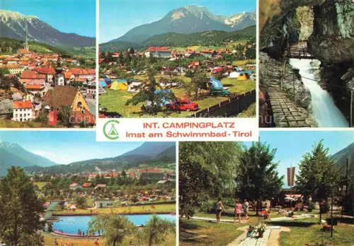 AK / Ansichtskarte Imst Tirol AT Campingplatz Schwimmbad Freibad Wasserfall Stadtansicht Bergpanorama Zelte Tirol
